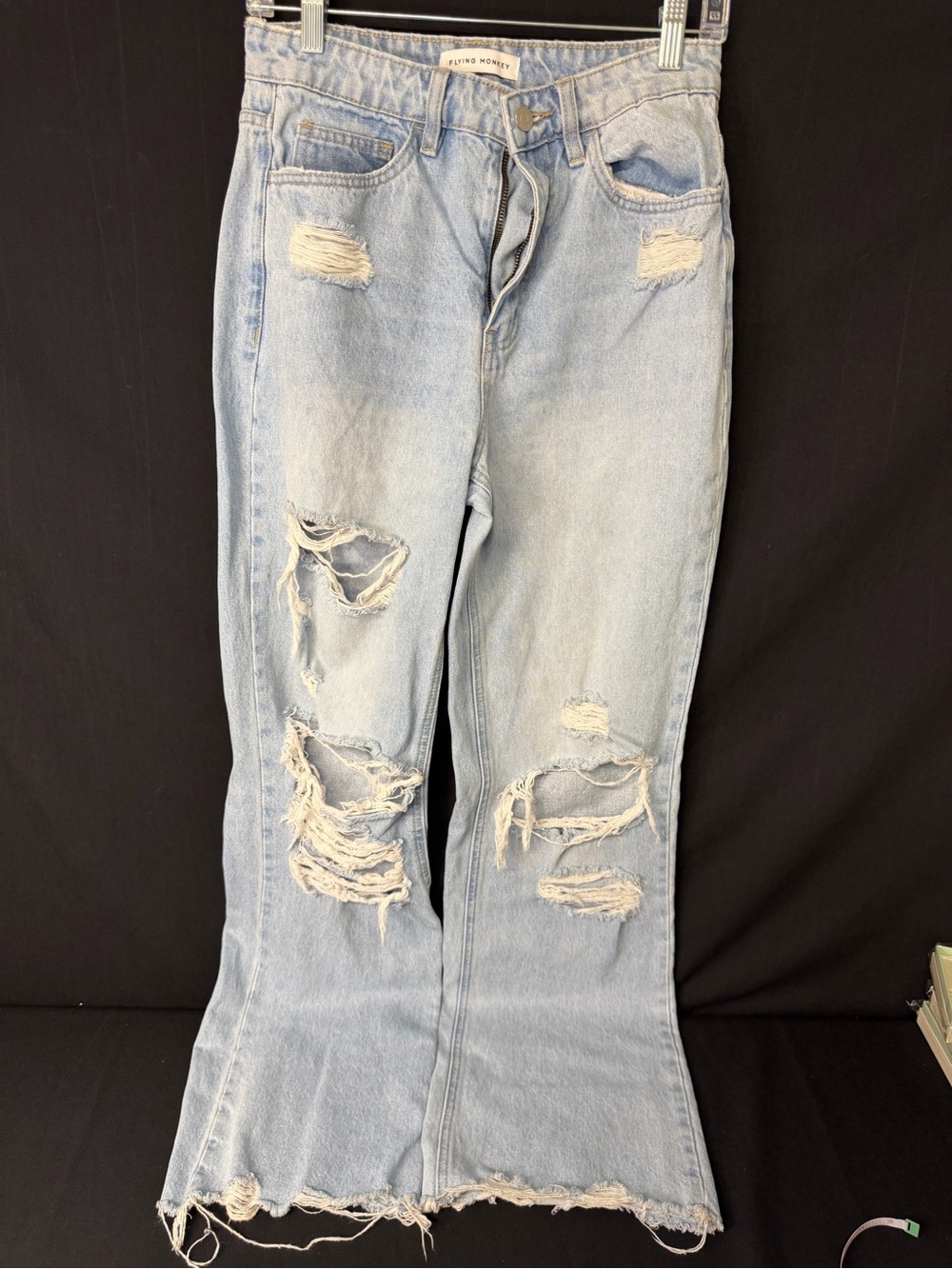 Flying Monkey Jeans Size 27 Light Wash Distressed Wide Leg Raw Hem Denim